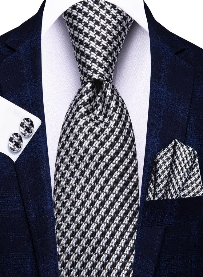 Hi-Tie Mens Plaid Ties Classic Paisley Necktie with Handkerchief Cufflinks Set Business Stripe Tie,Black White Houndstooth - Image 3